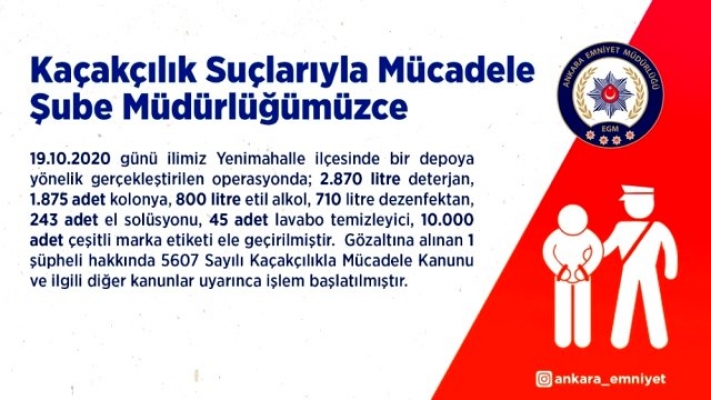 Ankara'da kaçak dezenfektan ve temizlik ürünleri satan bir kişi gözaltına alındı