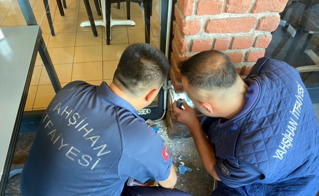Kırıkkale'de bir iş yerinde camla kiriş arasına sıkışan yavru kedi kurtarıldı