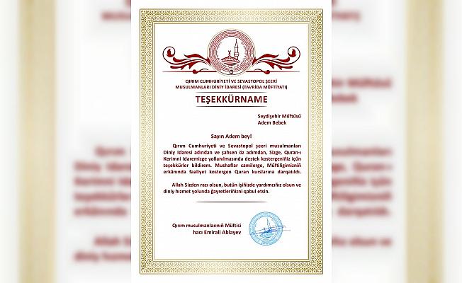 Kırım Müftülüğünden Seydişehir Müftülüğüne teşekkür belgesi